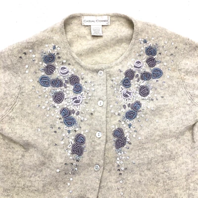 CASUAL CORNER Cardigan Sweater Gray Large Lambswool Angora Rabbit Embroidered - Image 1 of 4