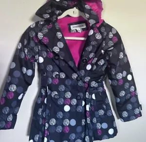 London Fog Girls Hooded Lined Black Pink & White Dot Rain Wind Jacket Sz 8 - Picture 1 of 6