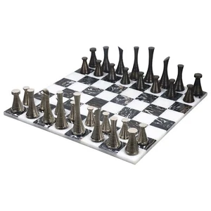 Brass Chess Set combo of 3.9" Modern Chess Pieces + 15" Black Marble Chessboard - Picture 1 of 7