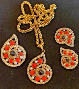 VINTAGE SIGNED CRAFT NECKLACE, BROOCH AND EARRINGS SET - Picture 1 of 7