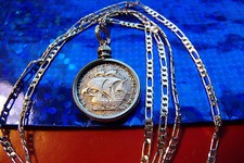 1940s Portugeusa Silver Sailing Coin Pendant on a 24" 925 Sterling Silver Chain