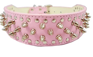 14.5-17.5 Inch Pink Faux Leather Spiked Studded Dog Collar 2 Inch Wide 25 Spikes - Picture 1 of 2