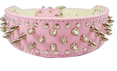 14.5-17.5 Inch Pink Faux Leather Spiked Studded Dog Collar 2 Inch Wide 25 Spikes - Image 1 of 2