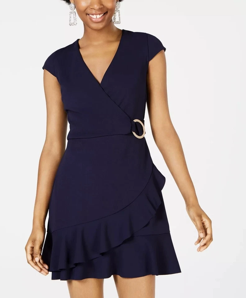 Speechless Faux Wrap Dress Size Large Midnight Blue Cap Sleeve Ruffle Hem NWT - Image 1 of 4