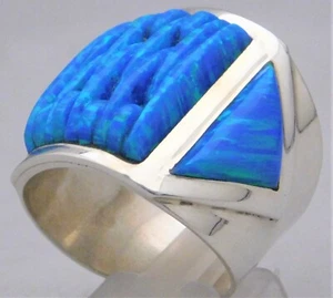 Opal Brilliant Blue/Green Fire Solid Sterling Silver Huge Mens Ring Size 10 - Picture 1 of 8