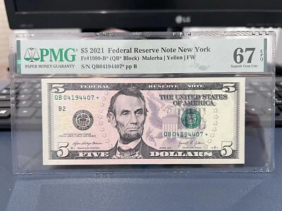 2021 $5 Federal Reserve Note New York Star Note PMG 67 Birthday April 7, 1944 CG - Image 1 of 3