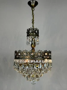 Antique / Vntge French Brass & Crystals Chandelier Glass Lamp Lighting Fixtures - Picture 1 of 13