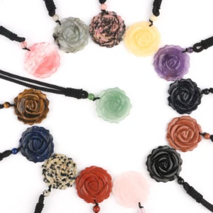 Natural 35mm Crystal Carved Rose Flower Necklace Gemstone Reiki Pendant Charm - Picture 1 of 29