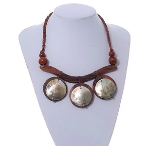 Statement Mother Of Pearl, Brown Wood Bead Cotton Cord Necklace - 42cm L (Min)/ - Picture 1 of 4