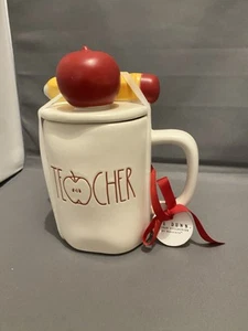 White Rae Dunn Teacher Mug With Lid With Apple & Pencil On Top - Picture 1 of 9