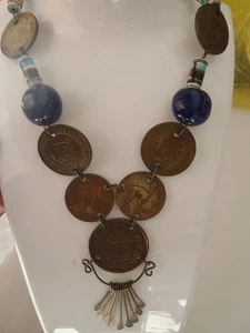 Vintage Peru Coin Necklace Peruvian Blue Beaded Coin Statement Collar - Picture 1 of 8