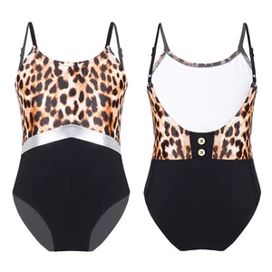 Kids Girl's Leotards Leopard Print Bodysuits V Neck Unitards Quick Dry Swimsuit - Picture 1 of 15