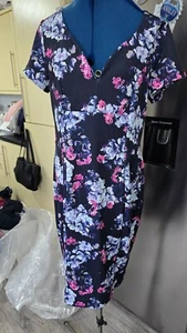 JOE BROWNS SHORT SLEEVE V NECK MIDI DRESS BLUE FLORAL SIZE 16 - Picture 1 of 3