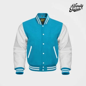 Sky Blue Wool body White Sleeves Premium Varsity Jacket Letterman Baseball - Picture 1 of 5