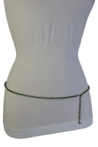 Women Silver Metal Fashion Belt Hip High Waist Green Rhinestones Bling XS S M - Picture 1 of 17