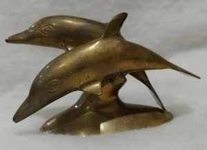 Vintage Solid Brass Dolphins Jumping Out Of Water - Picture 1 of 7