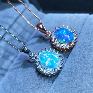 7x9MM Natural Oval Cut Fire Opal Halo Pendant 14K White/Rose Gold Over 18" Chain - Picture 1 of 6