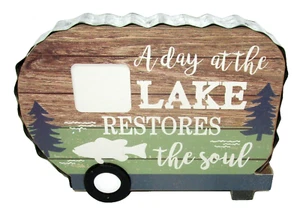 RUSTIC Shelf Sitter ~A DAY AT THE LAKE RESTORES THE SOUL~CAMPER~7.5" x 5.5" x 1" - Picture 1 of 1
