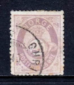 NORVEGIA — SCOTT 28 — 1877 25o CORNO POSTALE LILLA — USATO — SCV $150 - Foto 1 di 2