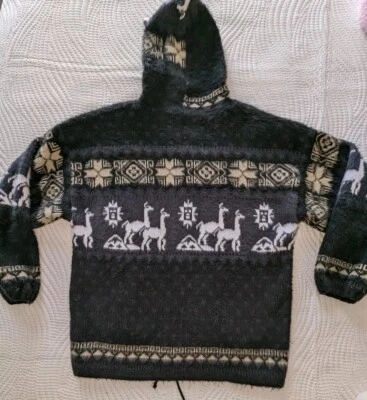 Andino Artesanias Hooded Fair Isle Sweater Jacket Alpaca Wool Gray Sz Large - Image 1 of 4