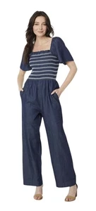 Draper James gesmokter Jumpsuit weites Bein Taschen jeansblau Damen Large - Bild 1 von 11
