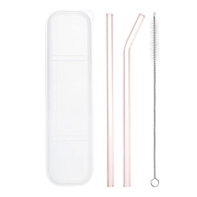 SOURCINGMAP Reusable Straws Glass Straw, 2pcs 8"x8mm with Cleaning Brush and Box , Pink
