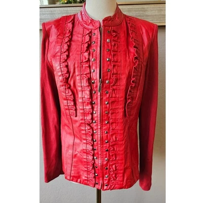 Vintage Peter Nygard Leather Jacket Women Size M Red Military Studded Ruffle - Image 1 of 4