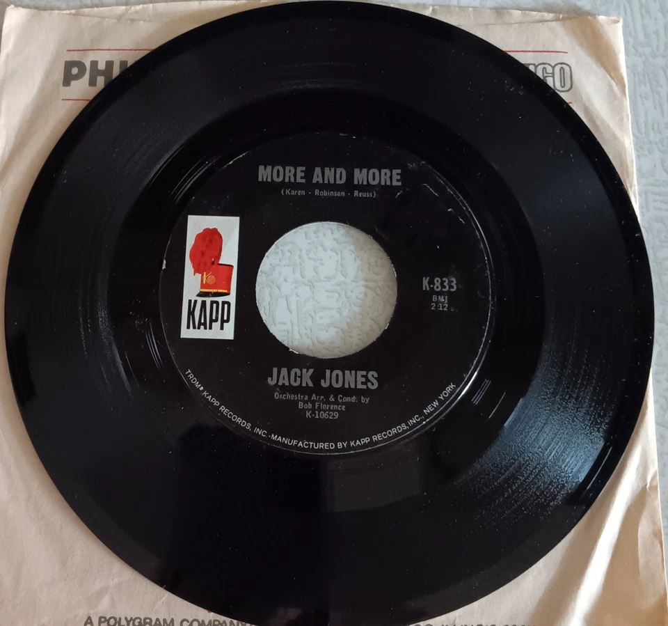 JACK JONES - Now I Know/More And More, 45, VG+, 1967, Kapp Records - Image 1 of 1
