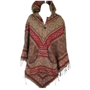 Poncho|2 Button|Tassels | Hood+Pocket| Boho| Desert| Yak Wool Blend|1 Size| Sand - Picture 1 of 8