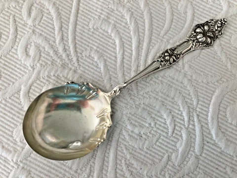 Antique Sterling BAKER MANCHESTER LANDER No. 2 1900 Berry Serving Spoon FLORAL Cover