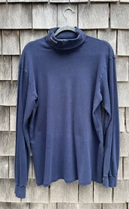 VTG 90s DUOFOLD Turtleneck Shirt LRGE Navy Blue 100% Cotton Embroidered USA Made - Picture 1 of 6