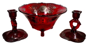Paden City Crows Foot Console Set Ruby Red Bowl Candle Holders Sterling Overlay - Picture 1 of 18