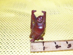 Vintage Hand Carved Wooden Laughing Buddha, Arms Up Standing 3" Figurine - Picture 1 of 4
