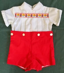 Vtg Baby 2 Pc Romper 18 mo Red White Windmill Embroidery Farmhouse High Waisted - Picture 1 of 11