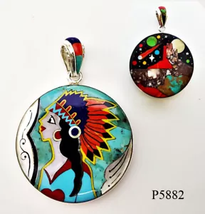 REVERSIBLE SQUAW GALAXY TURQUOISE CACTUS INLAY .925 SILVER MEDALLION PENDANT - Picture 1 of 4