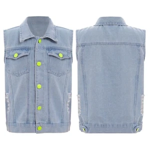 Kids Boys Girls Denim Vest Sleeveless Button-Down Jean Jackets Turndown Collar - Picture 1 of 21