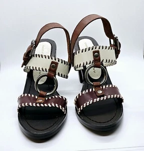 NWOT Chinese Laundry Golden Sandal Leather Stacked 4" Heel 8.5M Brown and Cream - Picture 1 of 7