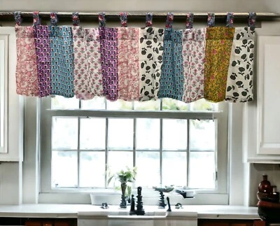 Cenefa cortina ventana patchwork boho, cenefas de bolsillo con varilla floral multicolor Foto 1 de 4