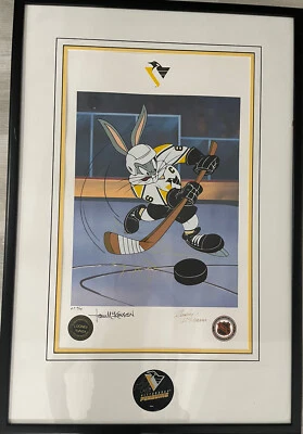 Mario Lemieux como Bugs Bunny Litoserigrafía Enmarcada con Disco Automático 4/38! MUY RARO Foto 1 de 4