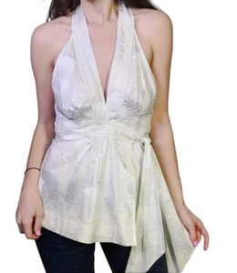 ROBERTO CAVALLI Womens White Silver Floral Halter Top Sleeveless 42 Blouse S - Picture 1 of 11