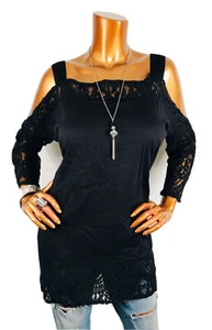 CLEARANCE ROXY S Top NWT $54 Open Cold Shoulders Tunic Lace Black Blouse 3/4 Slv - Picture 1 of 11