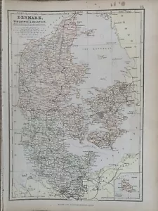 1884 Denmark & Schleswig Holstein Original Antique Coloured Map by Edward Weller - Picture 1 of 3
