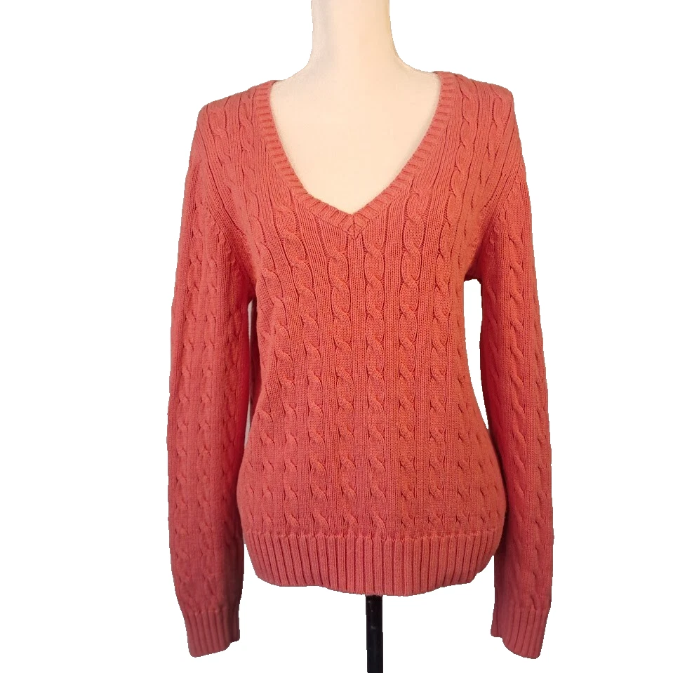 Suéter TOMMY HILFIGER 100 % Algodón Grueso Tejido con Cable Cuello en V Coral XL Foto 1 de 4