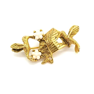 Vintage 1928 Hummingbird Brooch. Gold Cottagecore Pin Pearl Flowers Bird House - Picture 1 of 6