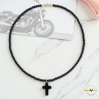 COLLANA DONNA UOMO CON CROCE OSSIDIANA NERA ACCIAIO INOSSIDABILE 50 CM - Immagine 1 di 4