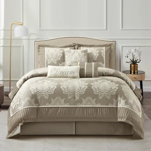 stratford Park Therese 7-Piece Damask Comforter Set Beige Brown King - Picture 1 of 12