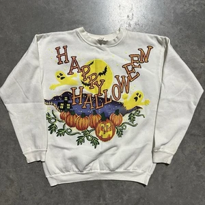 Vintage 90s “Happy Halloween” Spooky Crewneck Sweatshirt Size Large USA White - Picture 1 of 11
