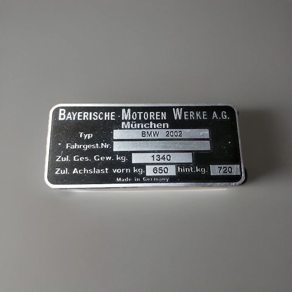 Placa BMW 2002TI 1340 kg placa ID S64 2002 TI tag Foto 1 de 2