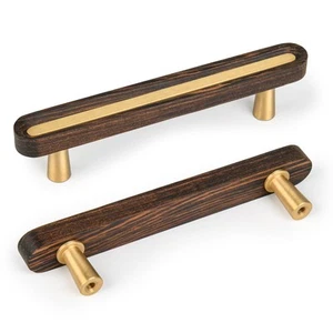 -Solid Brass and Wooden Kitchen Cabinet Pulls, 5 Pack 3-3/4 Inch Brass Dresse... - Picture 1 of 7