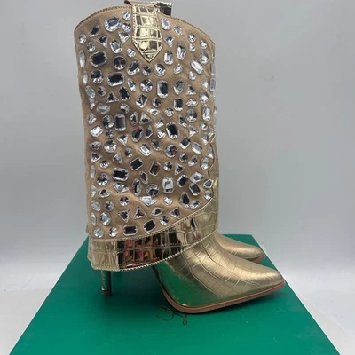 Botas occidentales Lauren Lorraine Hana doradas brillantes adornadas con estrás talla 8,5 Foto 1 de 4